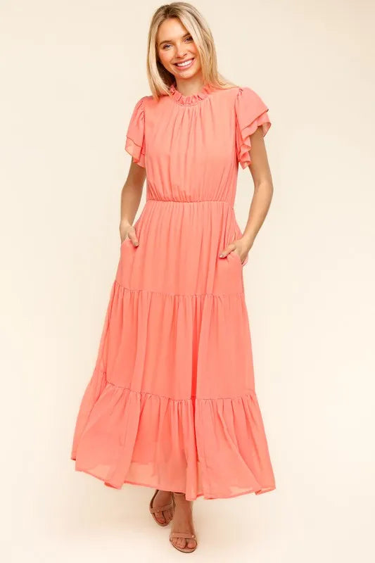 Image of Haptics Full Size Tiered Frill Mock Neck Short Sleeve Dress | Queeble.shop