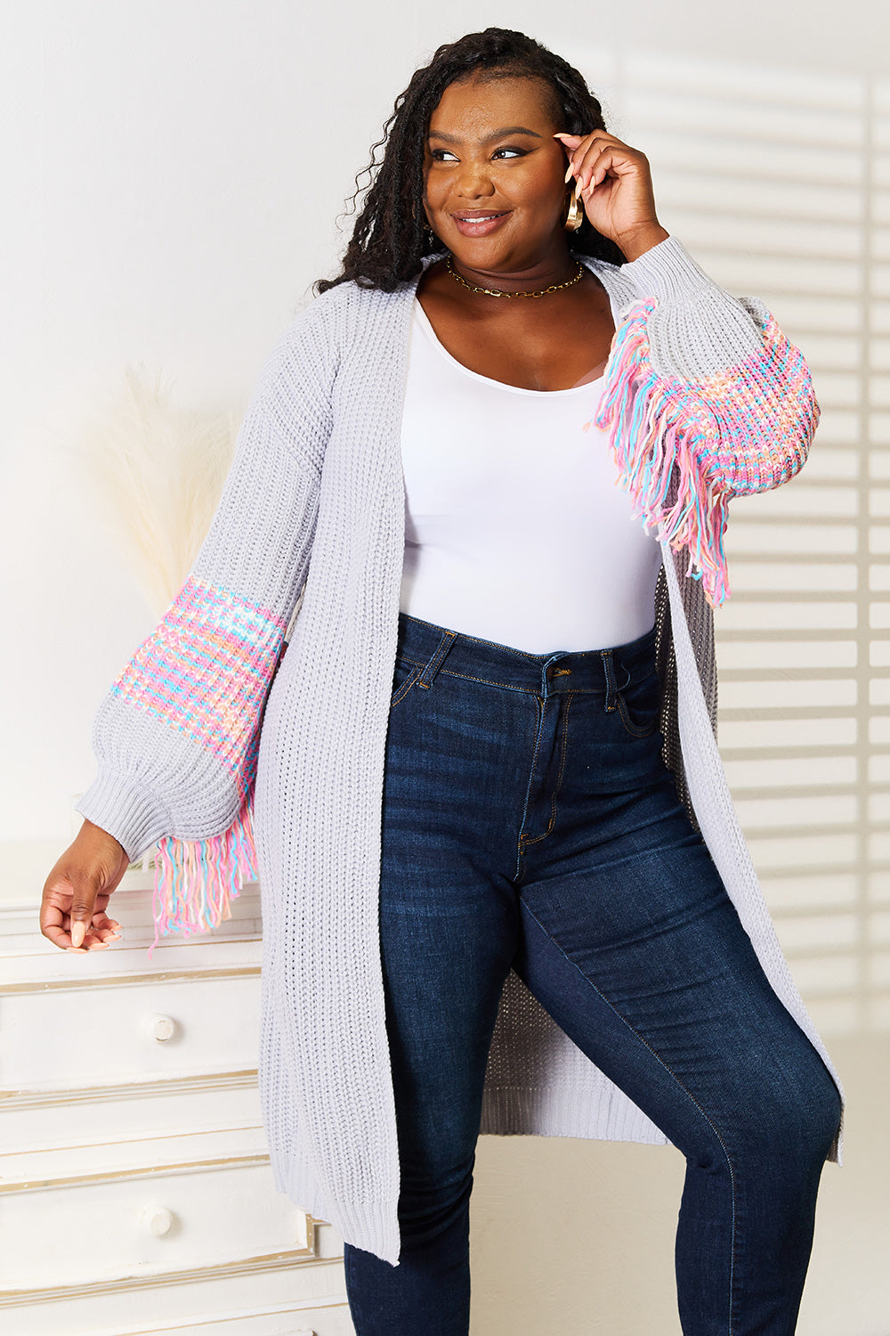 Image of Woven Right Fringe Sleeve Dropped Shoulder Cardigan | Queeble.shop