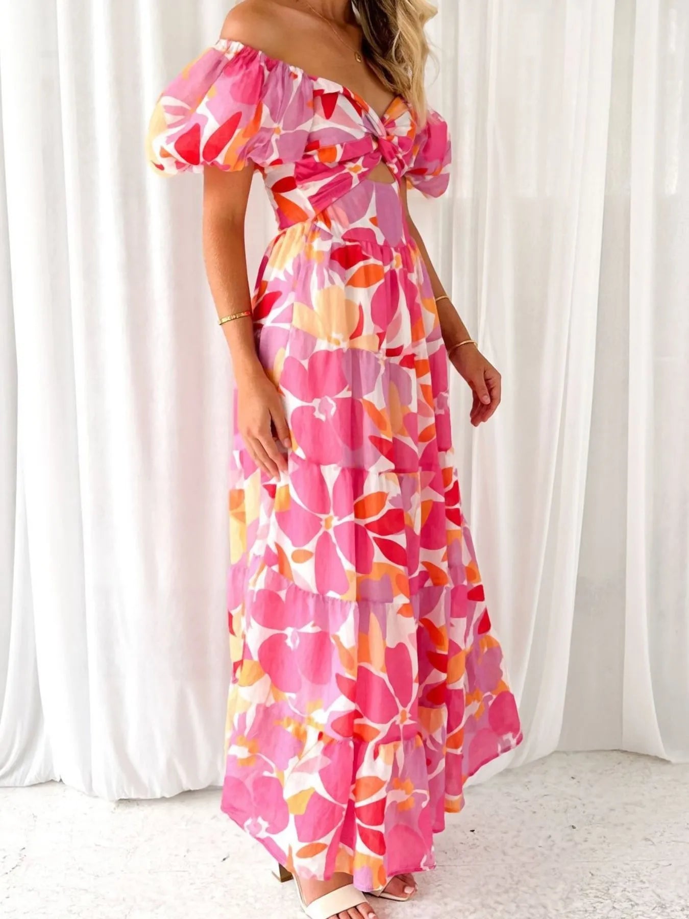 Image of Off-Shoulder Floral Tiered Dress with Ruffle Details | Queeble.shop