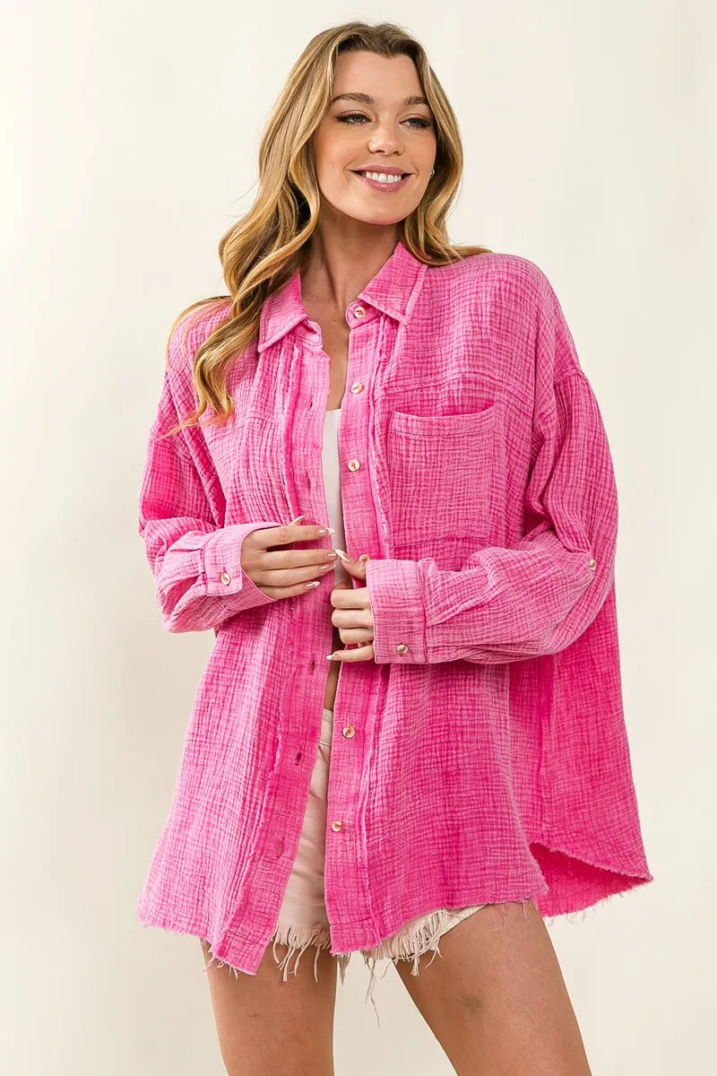 Image of BiBi Raw Edge Detailed Mineral Washed Loose Fit Shirt | Queeble.shop