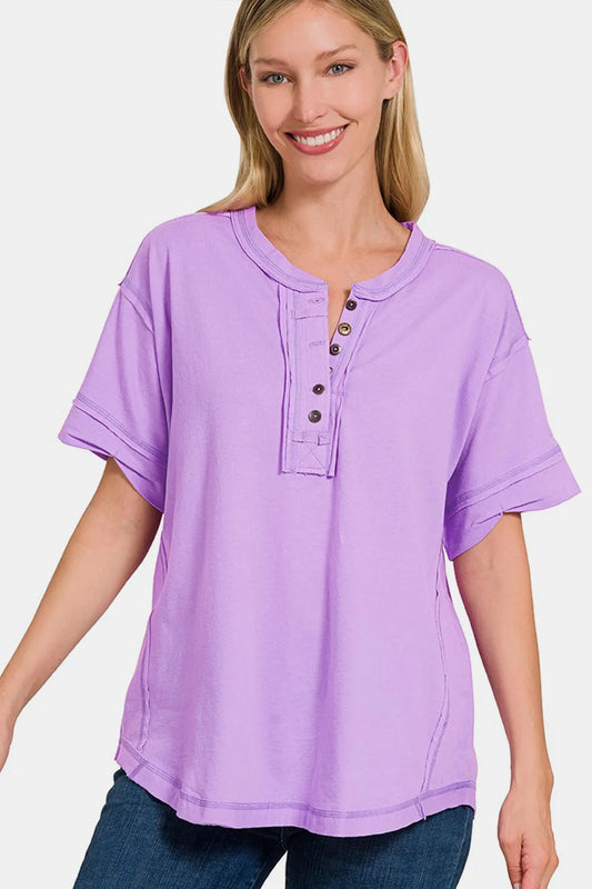 Image of Zenana Exposed Seam Half Button Short Sleeve Top | Queeble.shop