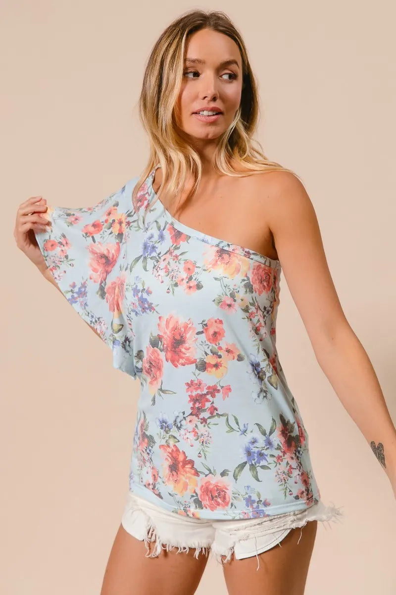 Image of BiBi Floral Printed Jersey Knit Ruffle Sleeve Top | Queeble.shop
