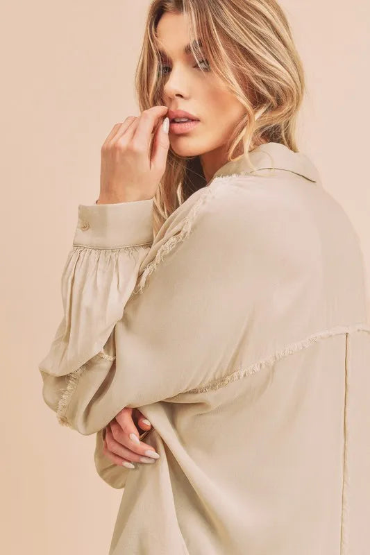 Image of Aemi + Co Raw Edge Exposed Seam Collared Neck Long Sleeve Shirt | Queeble.shop