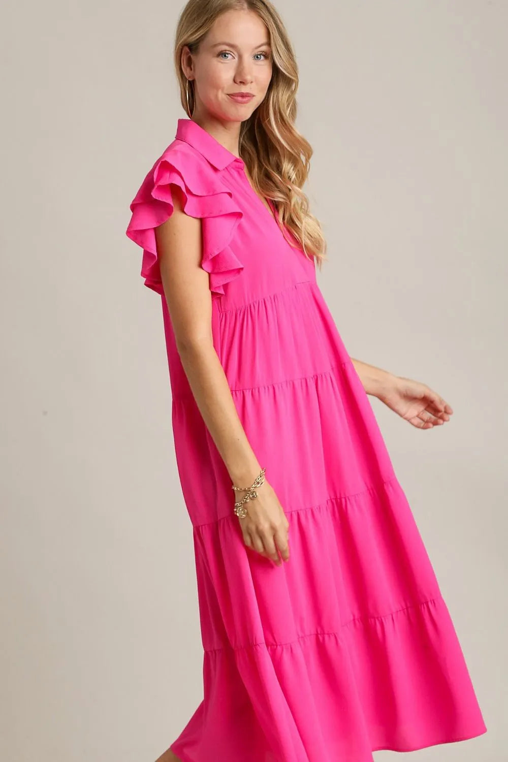 Image of Umgee Full Size Johnny Collar Ruffle Cap Sleeve Tiered Dress Plus Size | Queeble.shop