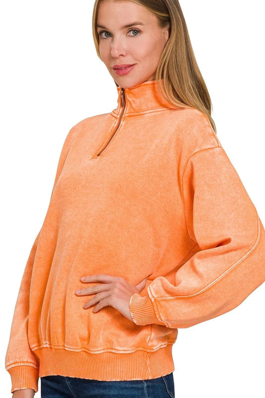 Image of Zenana Acid Wash Fleece Quarter Zip Pullover Sweatshirt | Queeble.shop