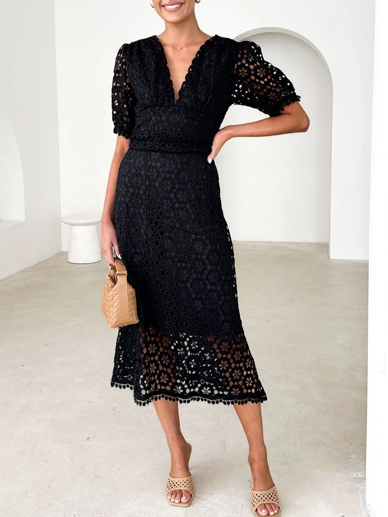 Image of Eyelet Lace V-Neck Midi Dress with Puff Sleeves | Queeble.shop