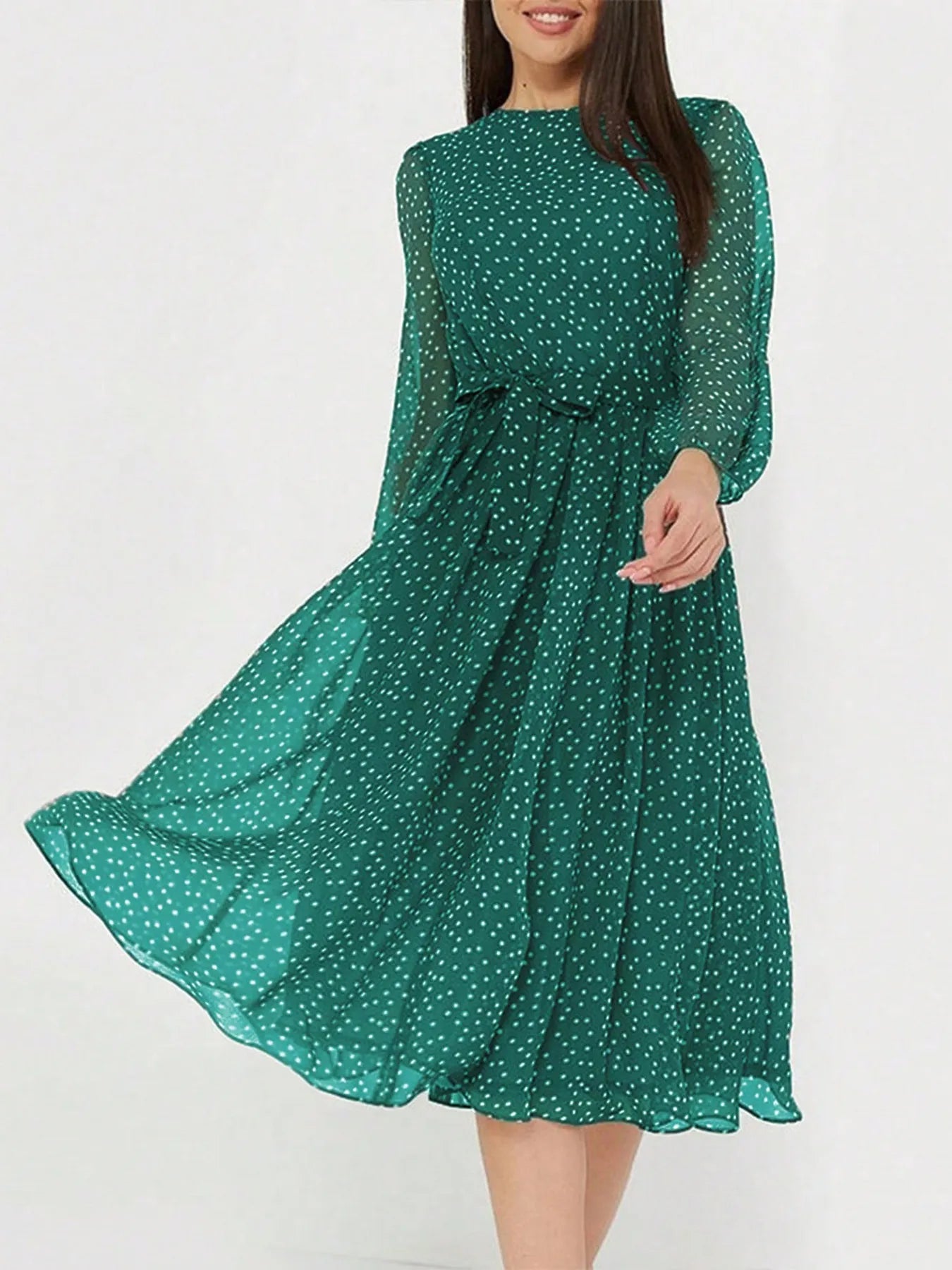 Image of Printed Round Neck Long Sleeve Midi Dress | Queeble.shop