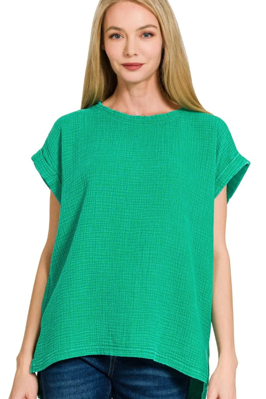 Image of Zenana Woven Double Gauze Acid Washed Short Sleeve Top | Queeble.shop