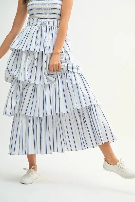 Image of MABLE Pin Stripe Smocked Bodice Layered Midi Dress | Queeble.shop