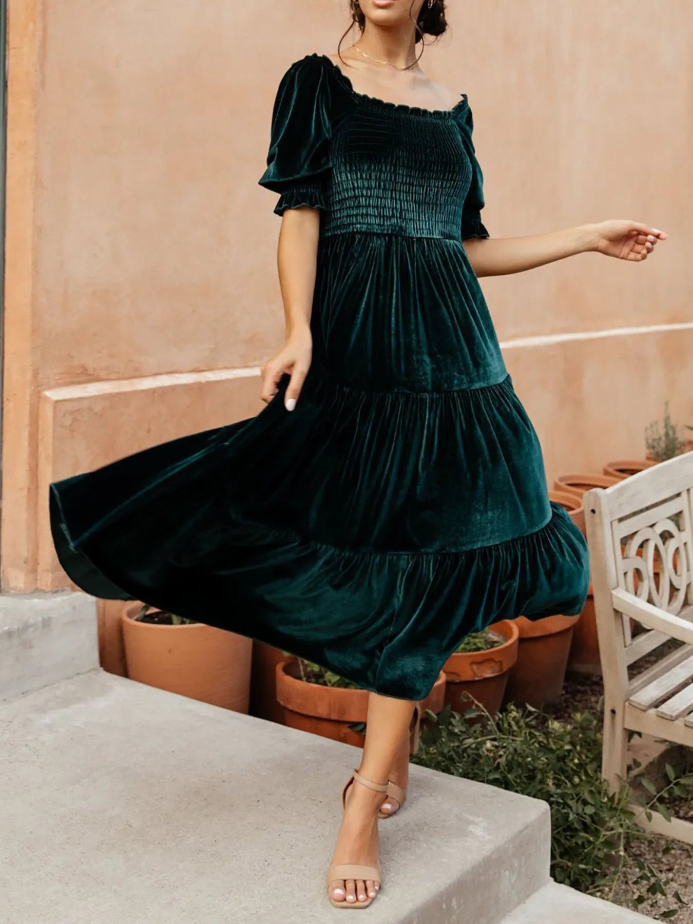 Image of Smocked Half Sleeve Tiered Midi Dress | Queeble.shop