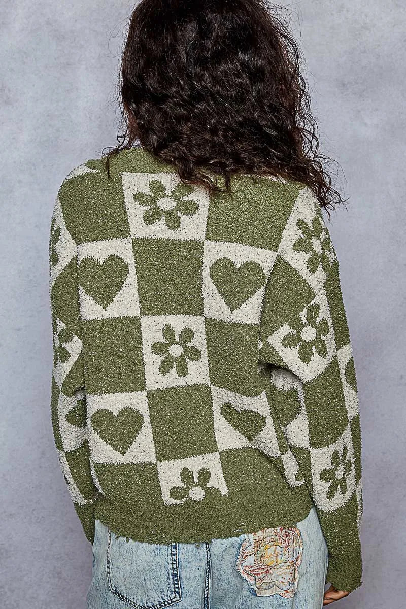 Image of POL V-Neck Heart Pattern Checkered Sweater | Queeble.shop