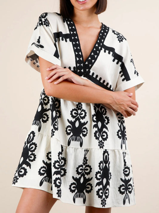 Image of Printed V-Neck Short Sleeve Mini Dress | Queeble.shop