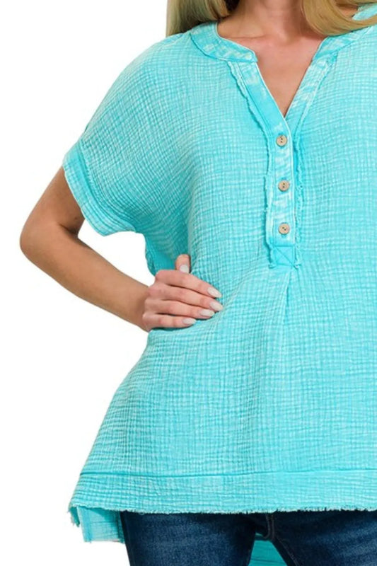 Image of Zenana Washed Double Gauze 3/4 Button Henley Neck Shirt | Queeble.shop