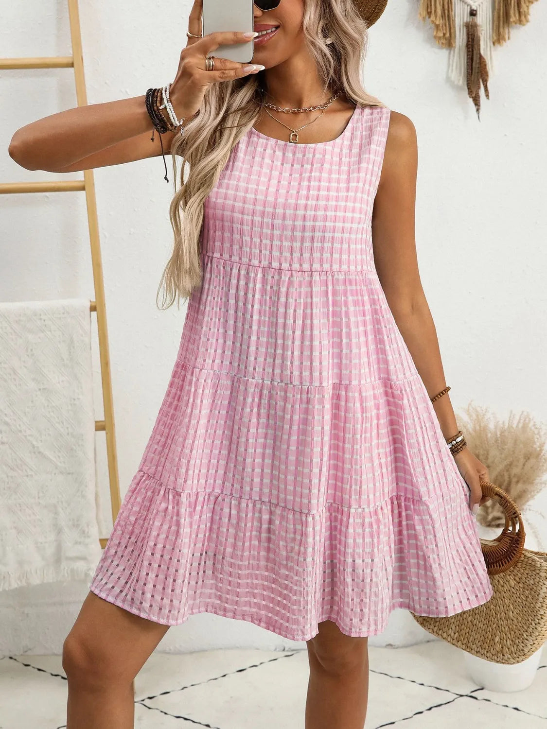 Image of Plaid Round Neck Sleeveless Mini Dress | Queeble.shop