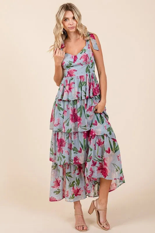 Image of Mittoshop Layered Floral Sweetheart Neck Maxi Dress | Queeble.shop