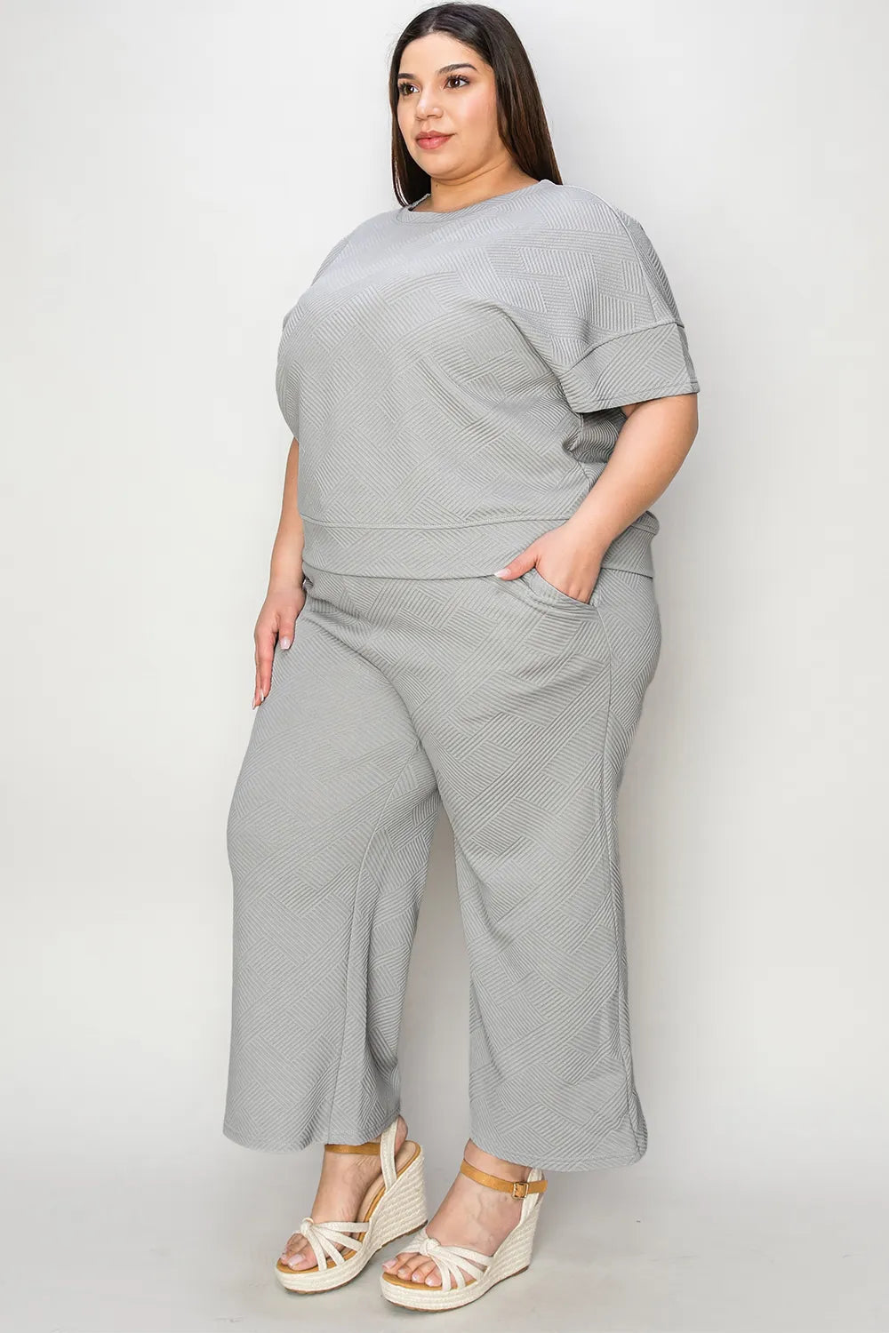 Image of Double Take Full Size Texture Short Sleeve Top and Pants Set | Queeble.shop