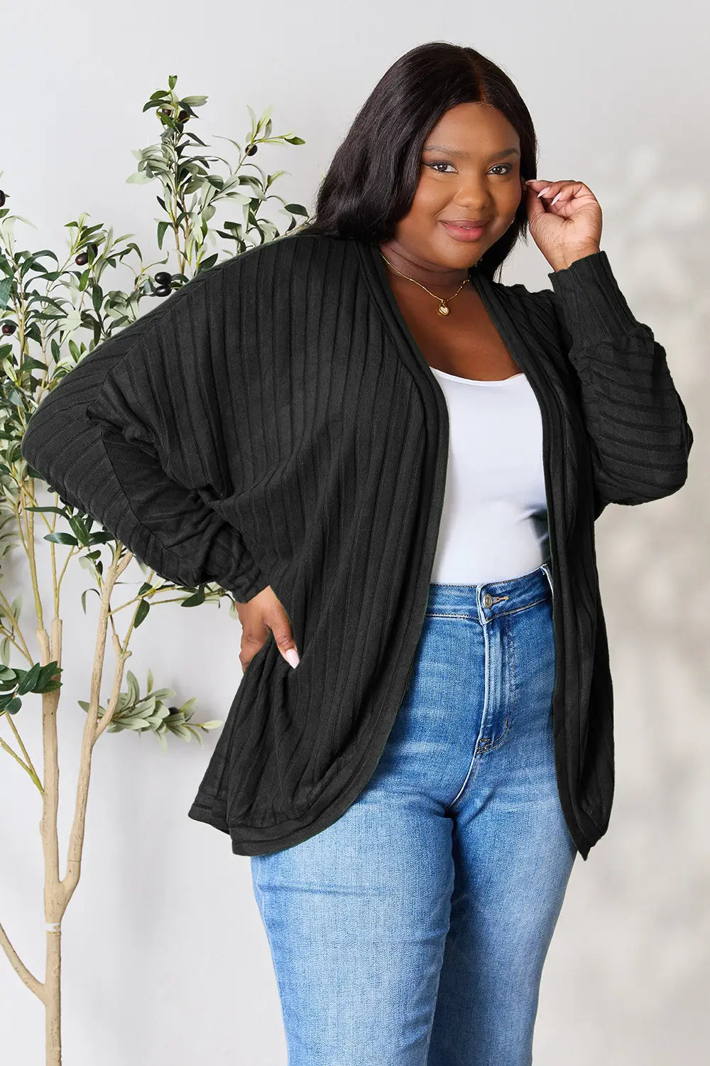 Image of Basic Bae Full Size Ribbed Cocoon Cardigan | Queeble.shop