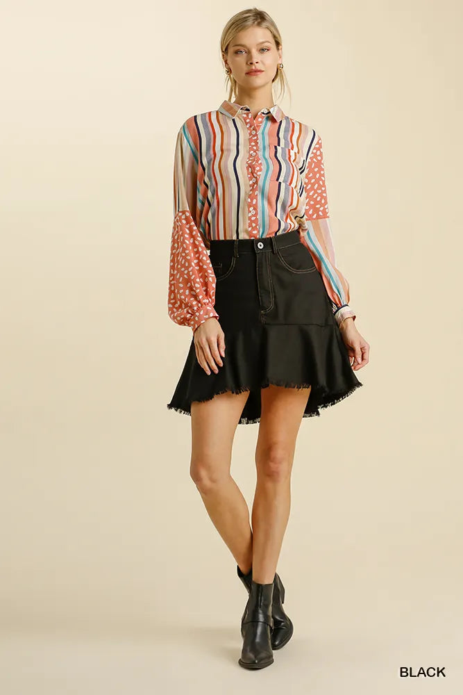 Image of Umgee Linen Blend 5 Pockets High Low Skirt with Frayed Hem | Queeble.shop