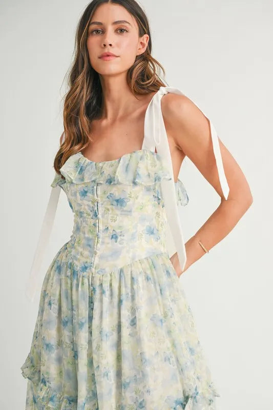 Image of MABLE Floral Printed Shoulder Strap Midi Dress | Queeble.shop