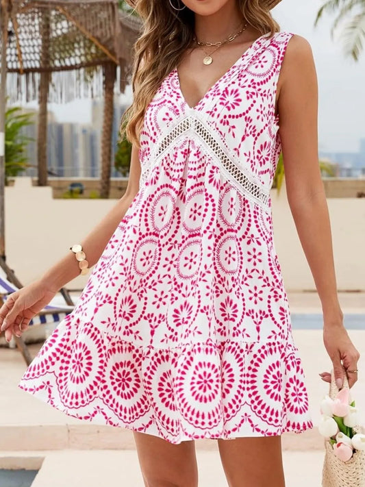 Image of Printed V-Neck Sleeveless Mini Dress | Queeble.shop