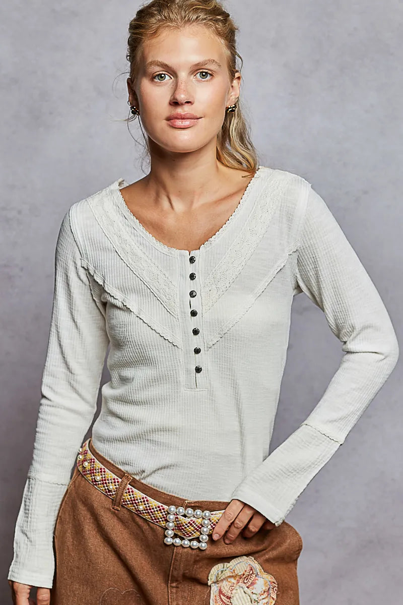 Image of POL Ribbed Half Button Lace Detail Knit Top | Queeble.shop