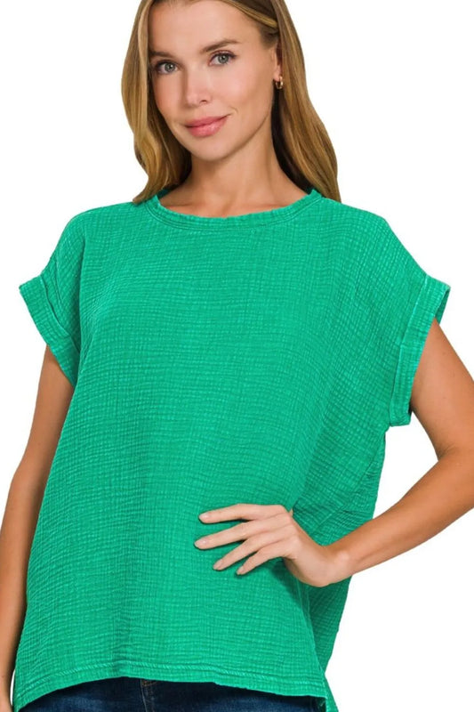 Image of Zenana Woven Double Gauze Acid Washed Short Sleeve Top | Queeble.shop