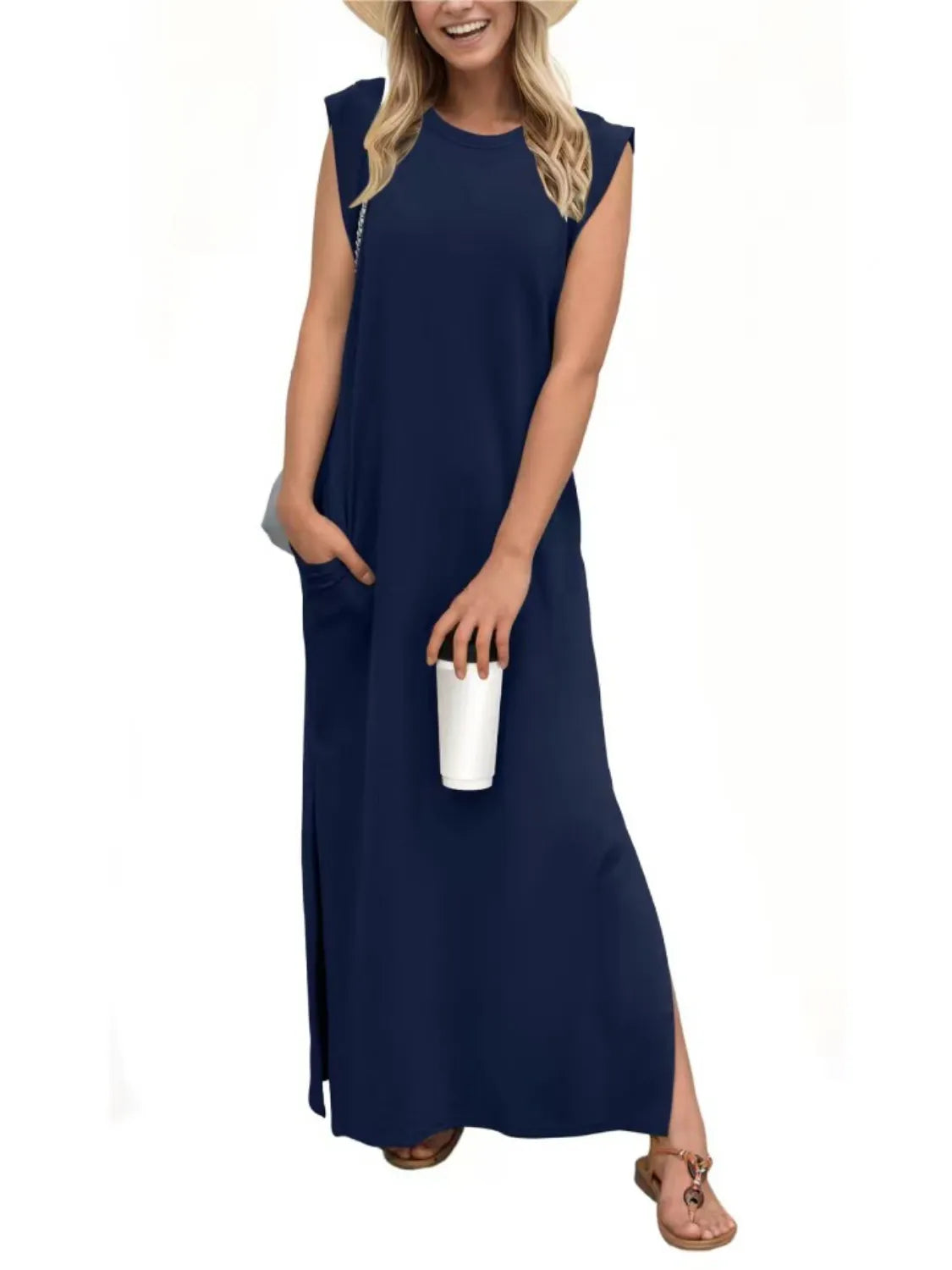 Image of Full Size Slit Round Neck Sleeveless Maxi Tank Dress Plus Size | Queeble.shop