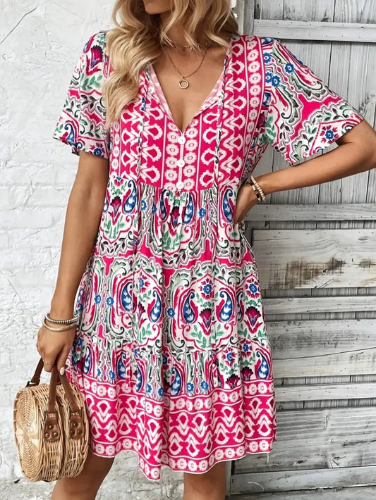 Image of Printed Tie Neck Short Sleeve Dress | Queeble.shop