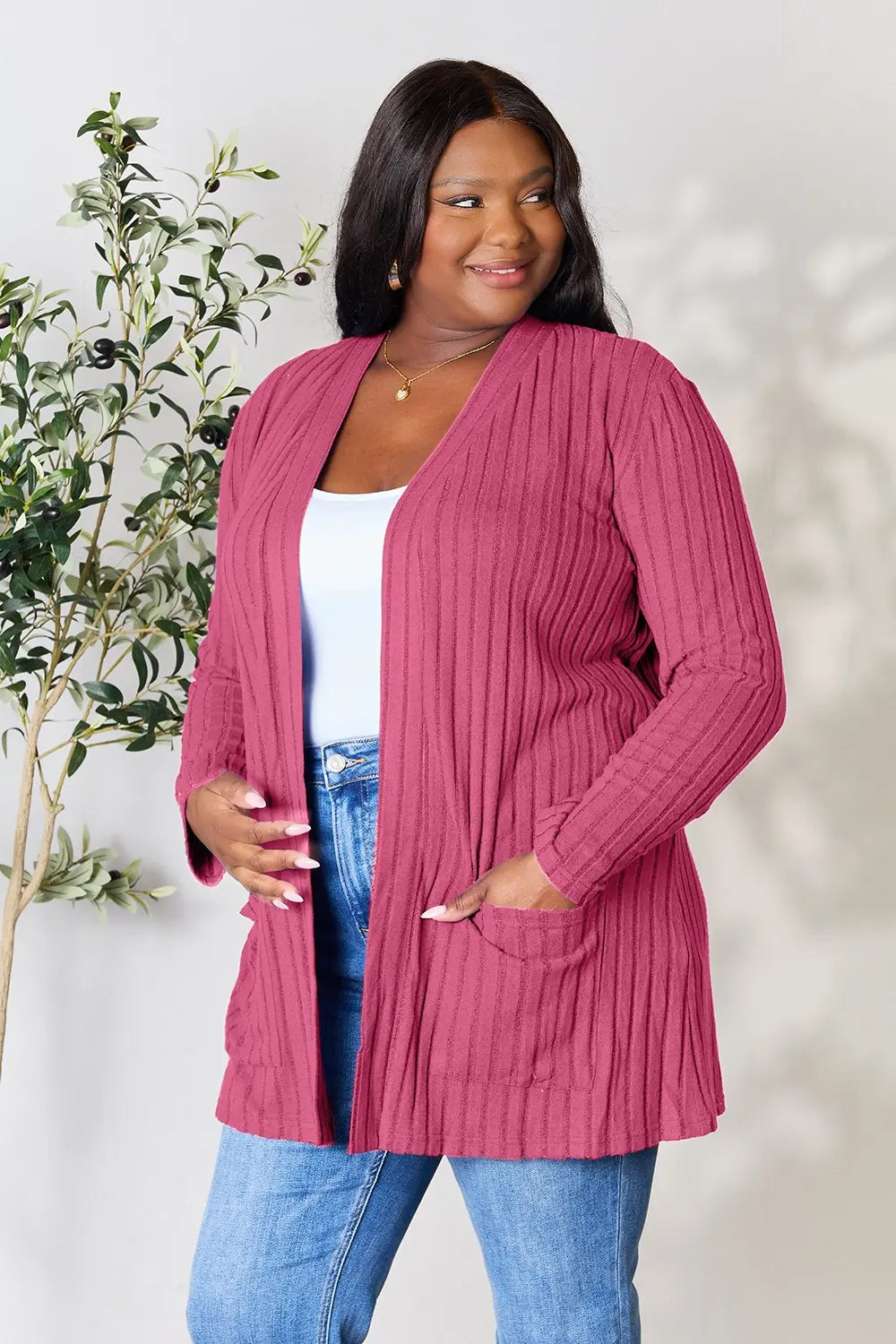 Image of Basic Bae Full Size Ribbed Open Front Cardigan with Pockets | Queeble.shop