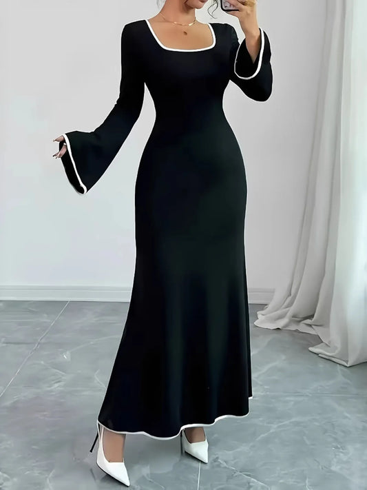 Image of Plus Size Contrast Trim Square Neck Long Sleeve Maxi Dress | Queeble.shop