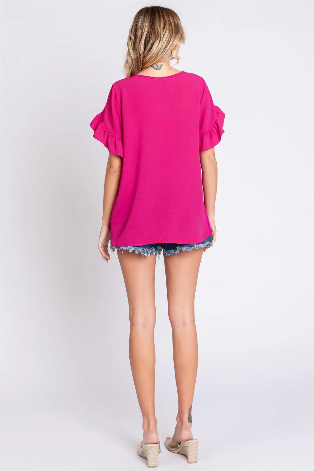 Image of GeeGee V-Neck Ruffle Trim Short Sleeve Blouse | Queeble.shop