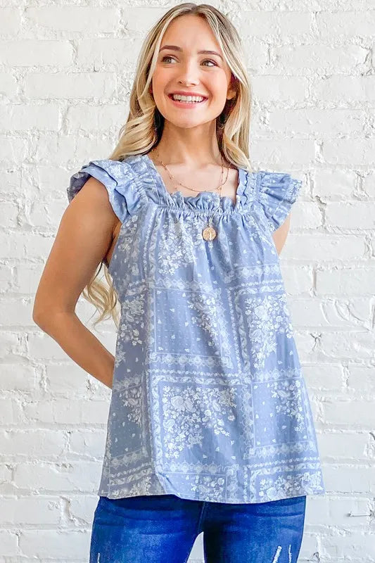 Image of And The Why Boho Print Ruffle Baby Doll Tank Top | Queeble.shop