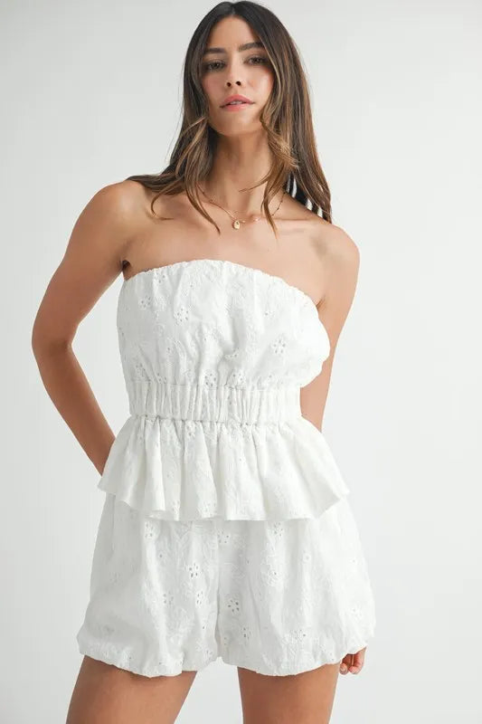 Image of MABLE Floral Eyelet Lace Tube Top and Short Set | Queeble.shop
