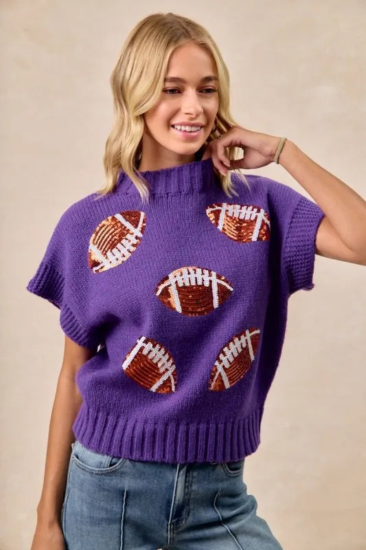 Image of BiBi Gameday Sequin Football Patches Rib Banded Sweater | Queeble.shop