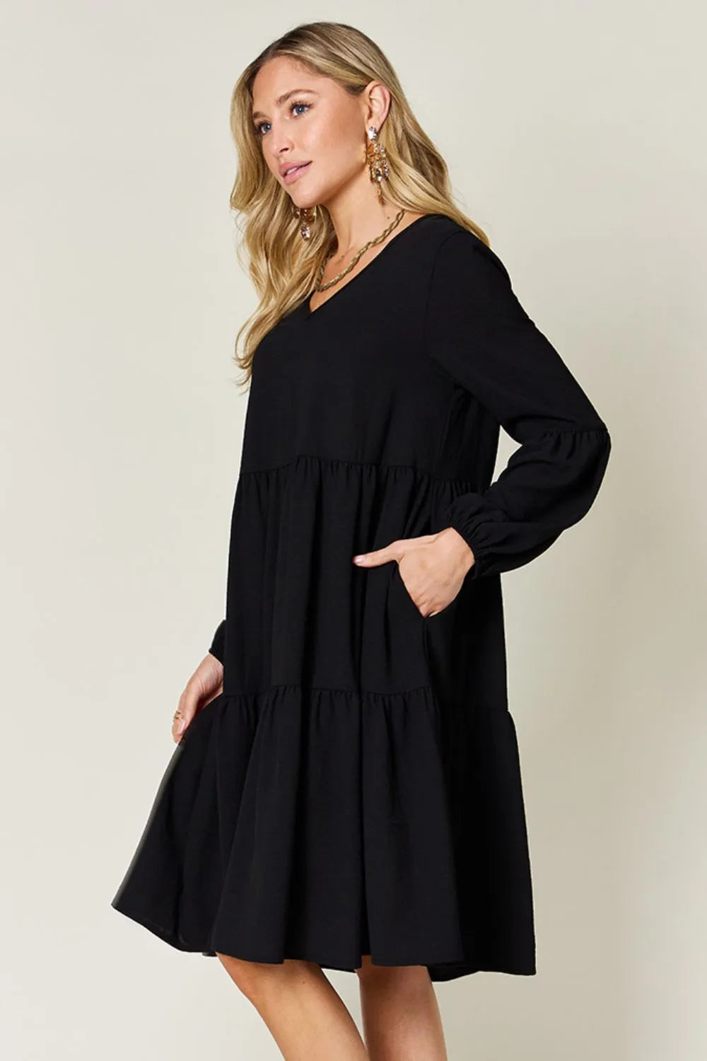 Image of Double Take Full Size V-Neck Balloon Sleeve Tiered Dress with Pockets | Queeble.shop