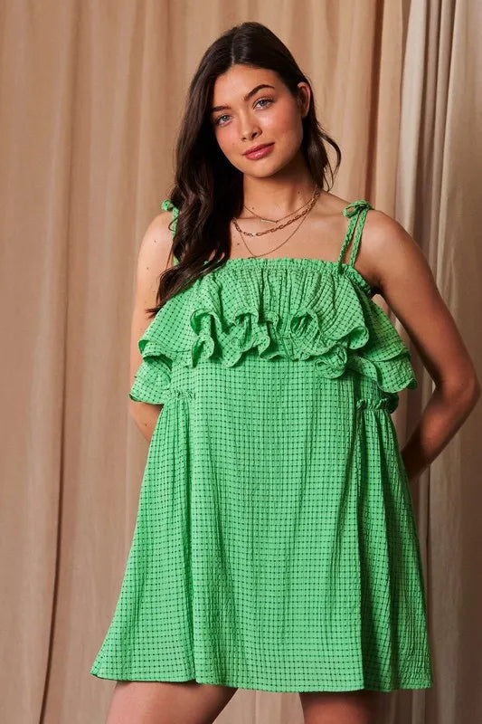 Image of Davi & Dani Textured Jacquard Checker Fabric Ruffled Dress | Queeble.shop
