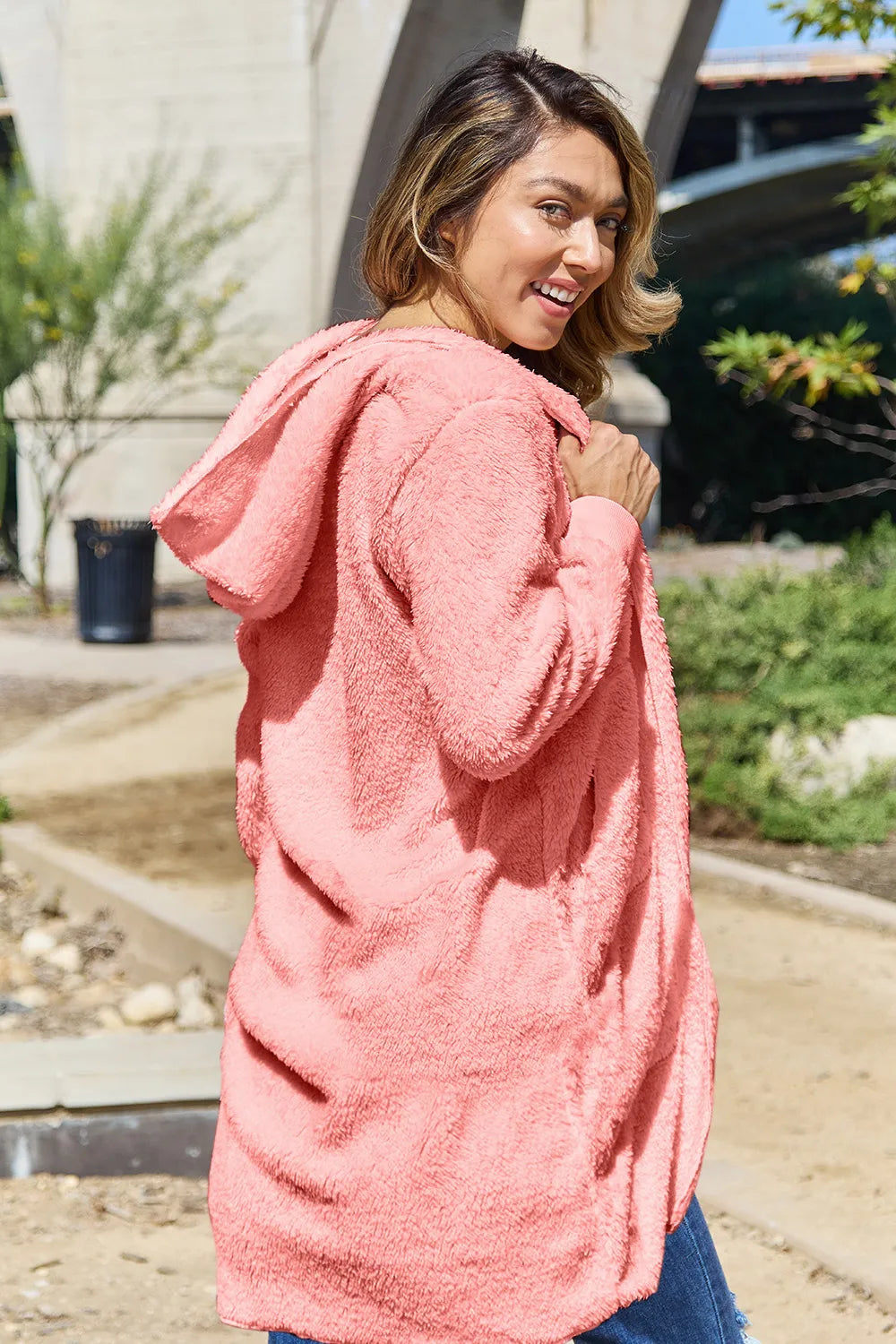 Image of Double Take Full Size Hooded Teddy Bear Jacket with Thumbholes | Queeble.shop