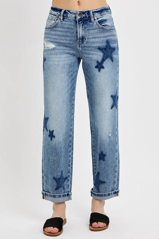 Image of RISEN Full Size Mid Rise Boyfriend Star Shadow Detail Cuffed Jeans Plus Size | Queeble.shop