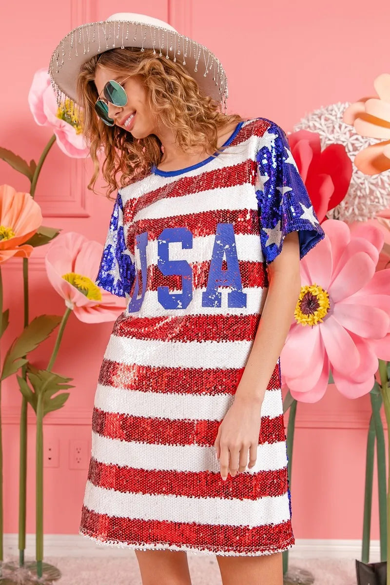 Image of BiBi American Flag Theme Usa Print Sequin Dress | Queeble.shop