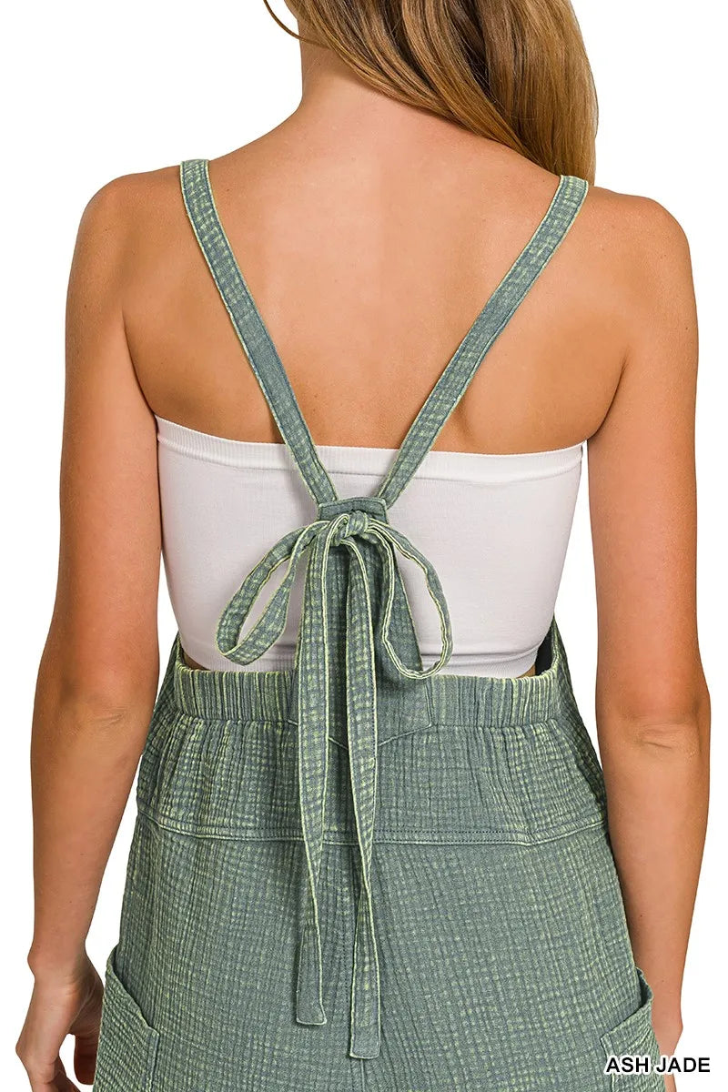 Image of Zenana Washed Double Gauze Tie Back Rompers | Queeble.shop