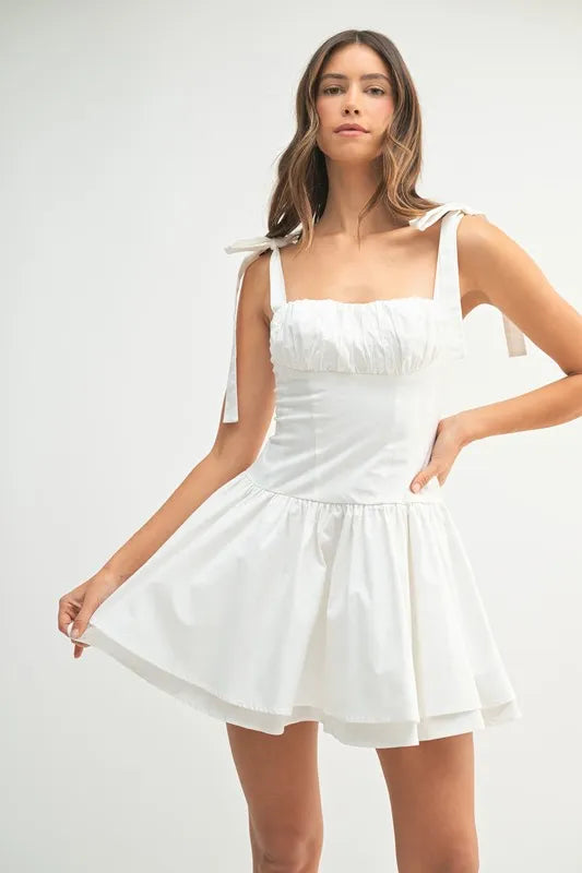 Image of MABLE Shoulder Tie Corset Panel Mini Dress | Queeble.shop