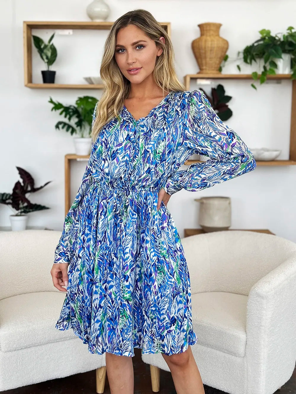 Image of Double Take Full Size Printed Drawstring Waist Long Sleeve Dress | Queeble.shop