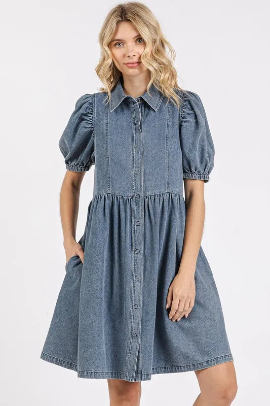 Image of Mittoshop Button Down Puff Sleeve Denim Dress | Queeble.shop