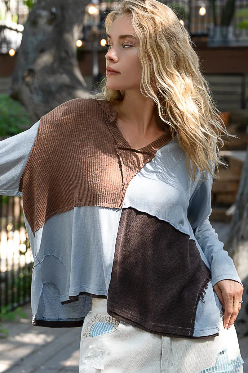 Image of POL Color Block Notched Long Sleeve T-Shirt | Queeble.shop