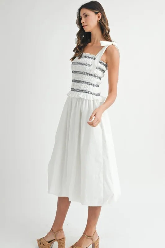 Image of MABLE Smocked Bodice Bubble Midi Dress | Queeble.shop