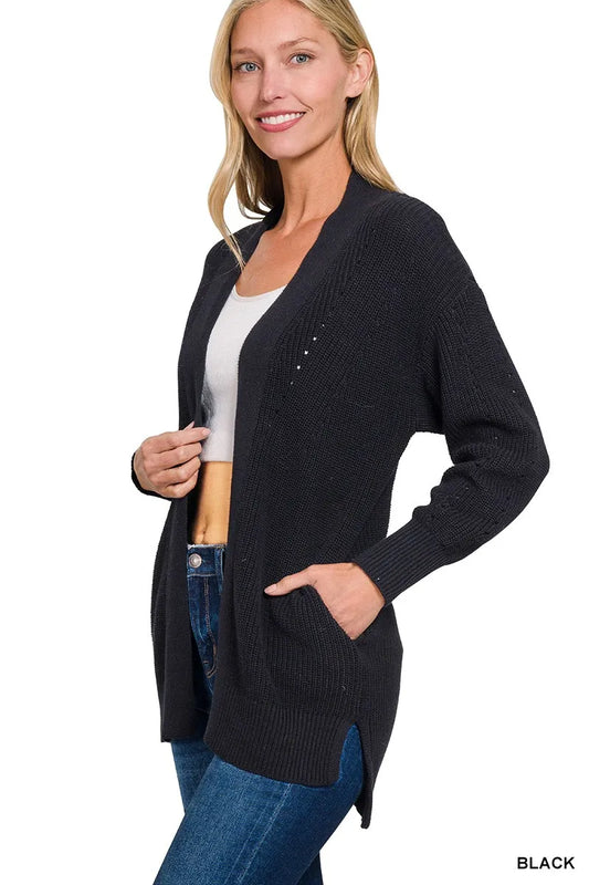 Image of Zenana Eyelet Open Sweater Cardigan with Pockets | Queeble.shop