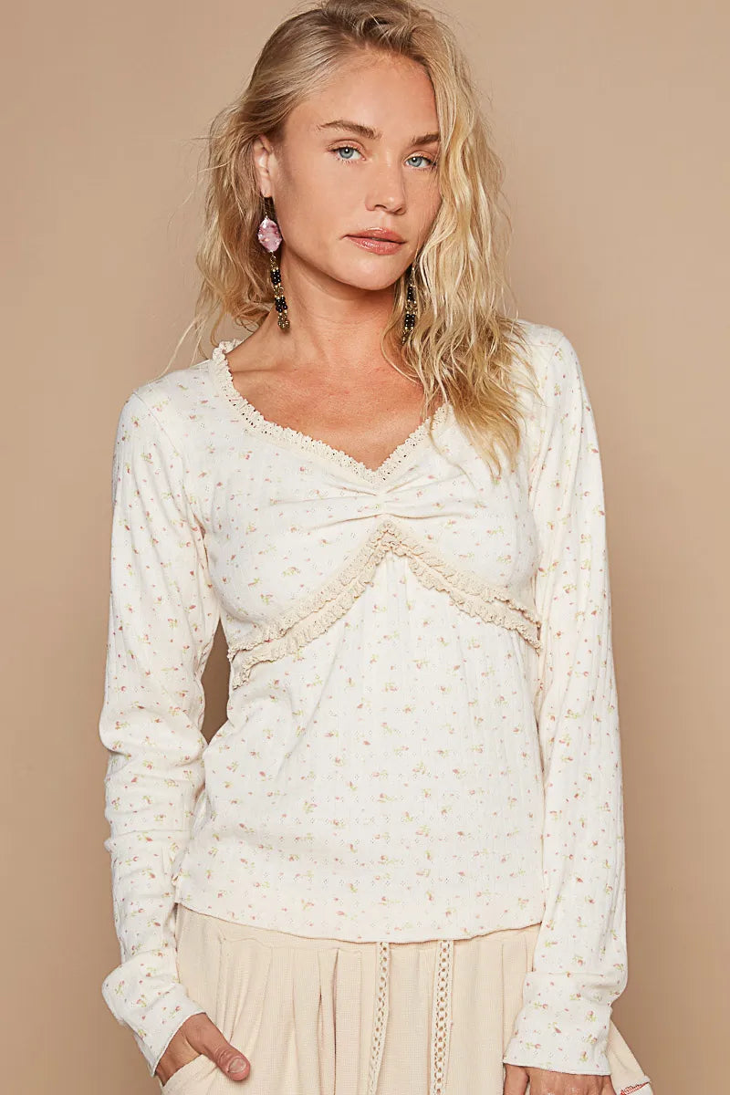 Image of POL Floral V-Neck Long Sleeve T-Shirt | Queeble.shop