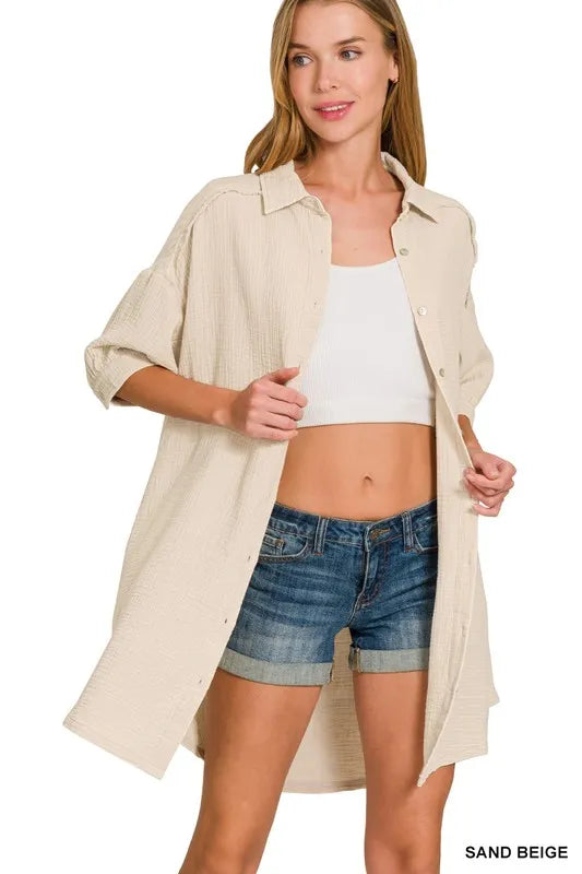Image of Zenana Washed Double Gauze Button Down Shirt Dress | Queeble.shop