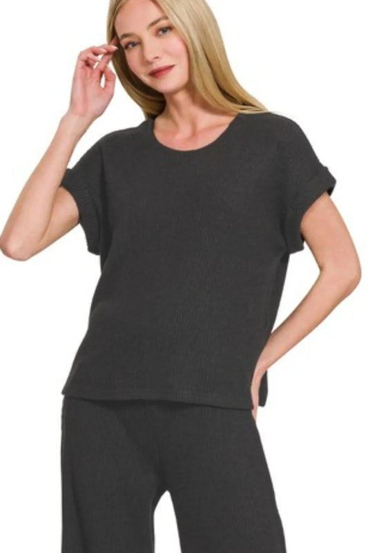 Image of Zenana Rolled Sleeve Top and Pants Sweater Set | Queeble.shop