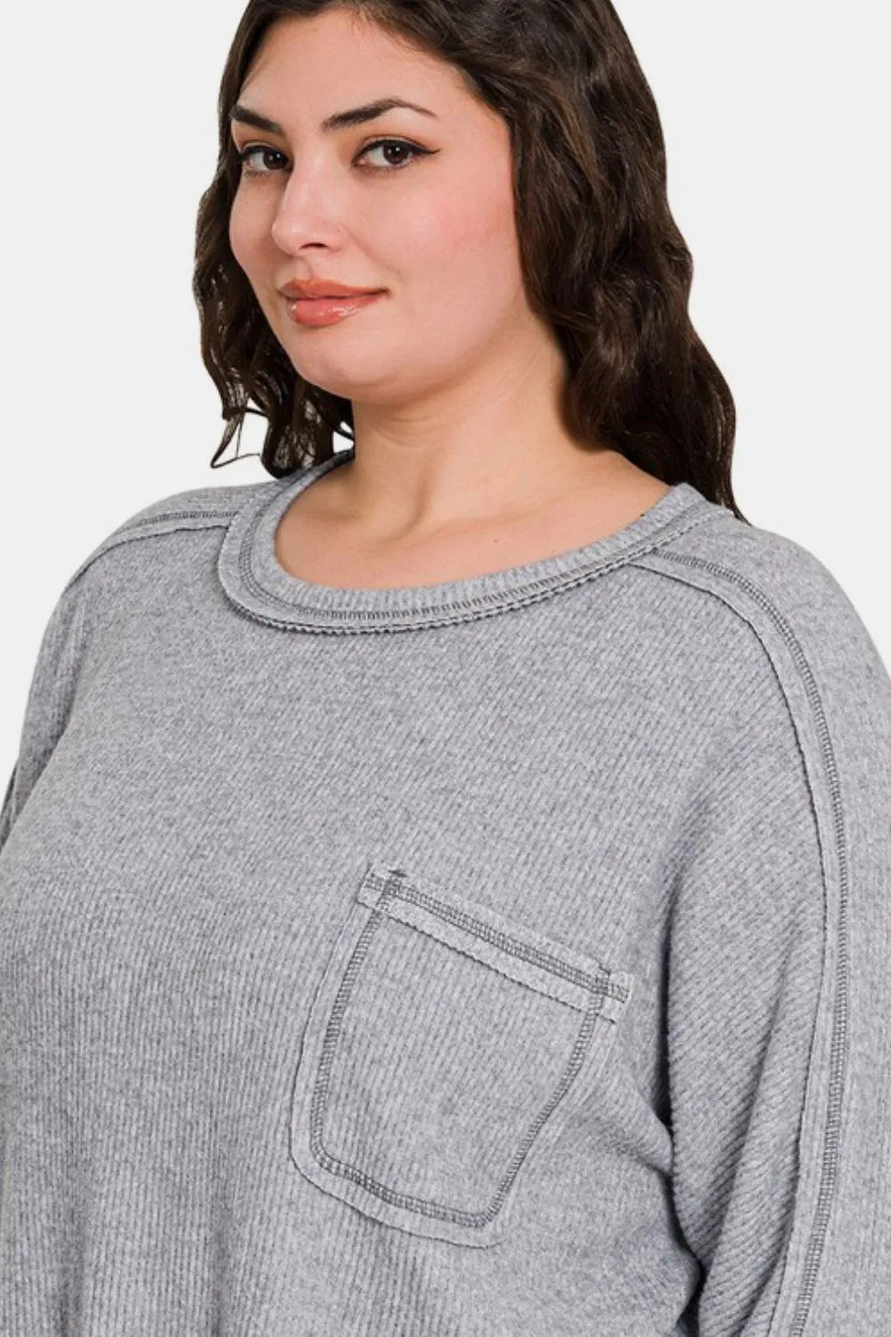 Image of Zenana Full Size Contrast Stitching Brushed Ribbed Hacci Knit Top | Queeble.shop
